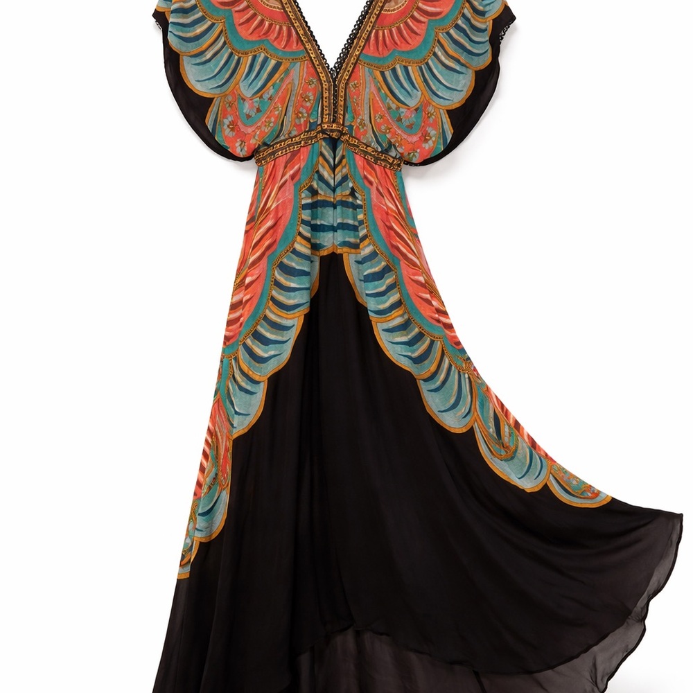 Farm Rio Boho Maxi Dress XS Colorful Print Deep V Empire Waist Flowy Festival - Picture 2 of 8